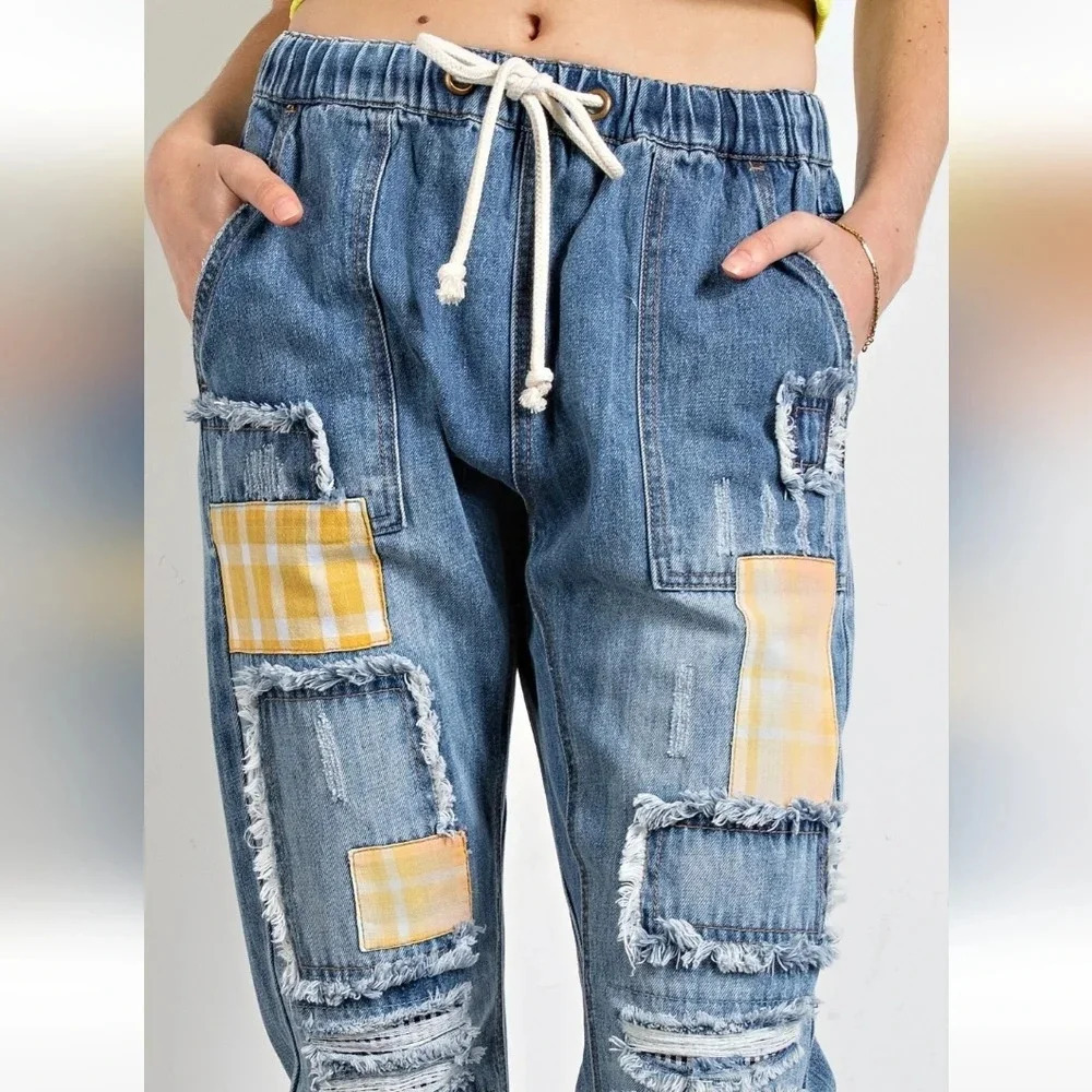 New! Easel Patchwork Distressed Washed Denim Pants - Picture 3 of 5